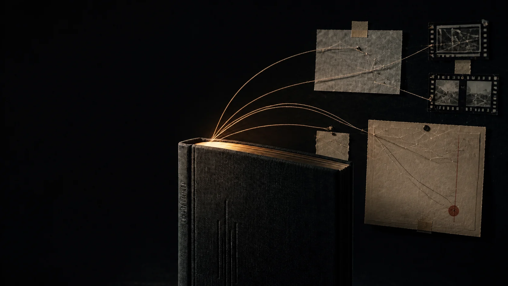 Темна тканинна архівна книга, нитки, контактні відбитки й паперові нотатки, з’єднані вручну