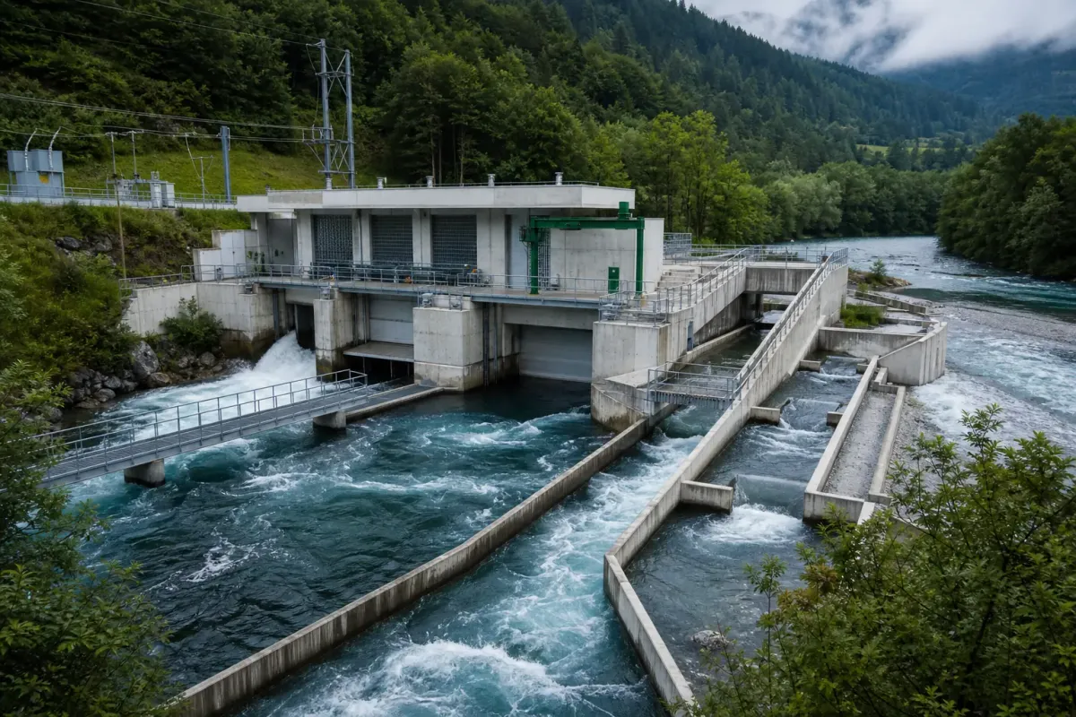 Вигадана руслова гідроелектростанція VELA з рибоходом, водозливом і сервісними мостами